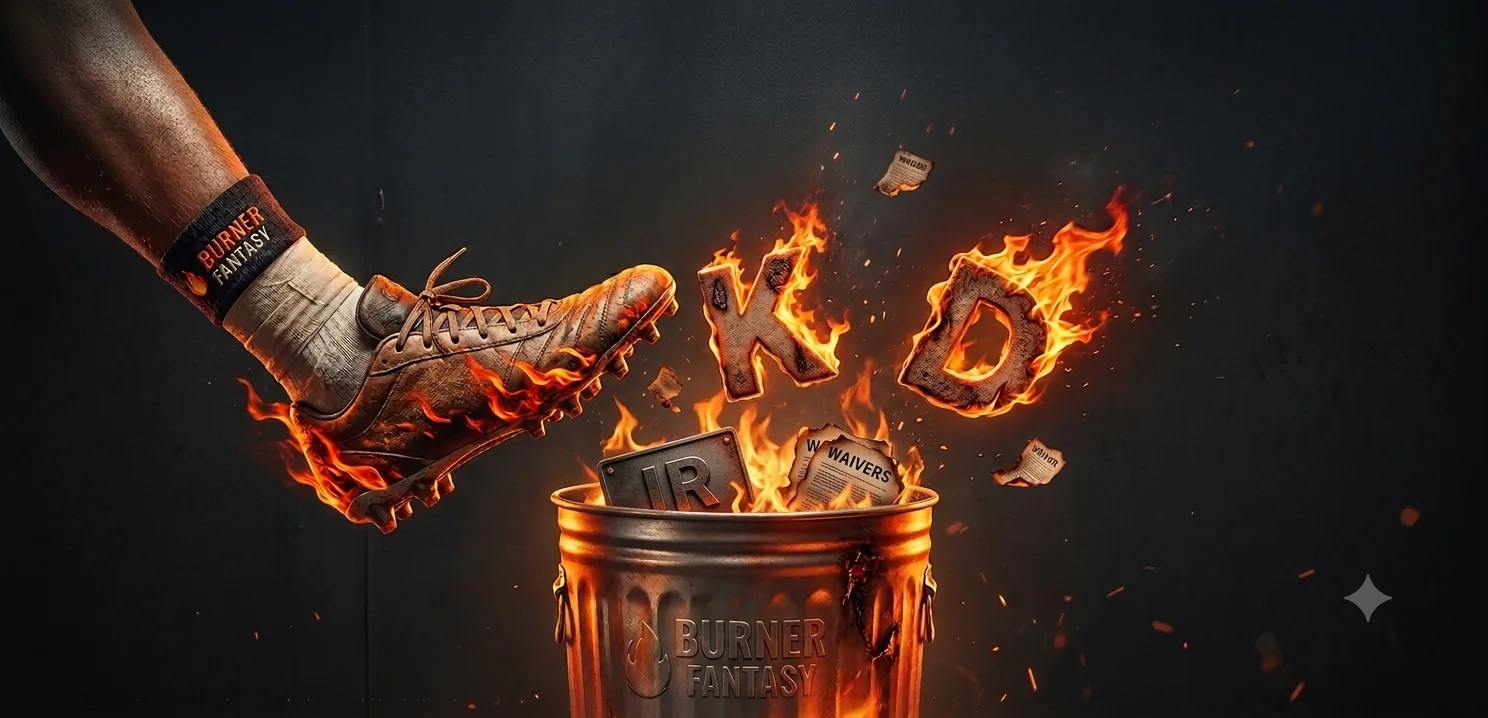 A cleat kicking a flaming kicker (K), defense (D), IR tag, and waiver wire slips into a Burner Fantasy trash can.